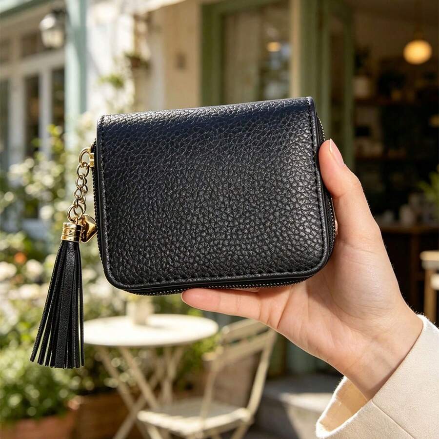 Women's Solid Black Short Wallet Card Holder Coin Purse Cute Girly Style Student Portable Small Purse - Black - View 1