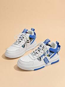 Men's Random Print Pattern Patchwork Atmosphere Ribbon High-Top Sneakers, Fashionable Daily Comfortable Versatile Casual Sports Couple Shoes - White and Blue - View 2
