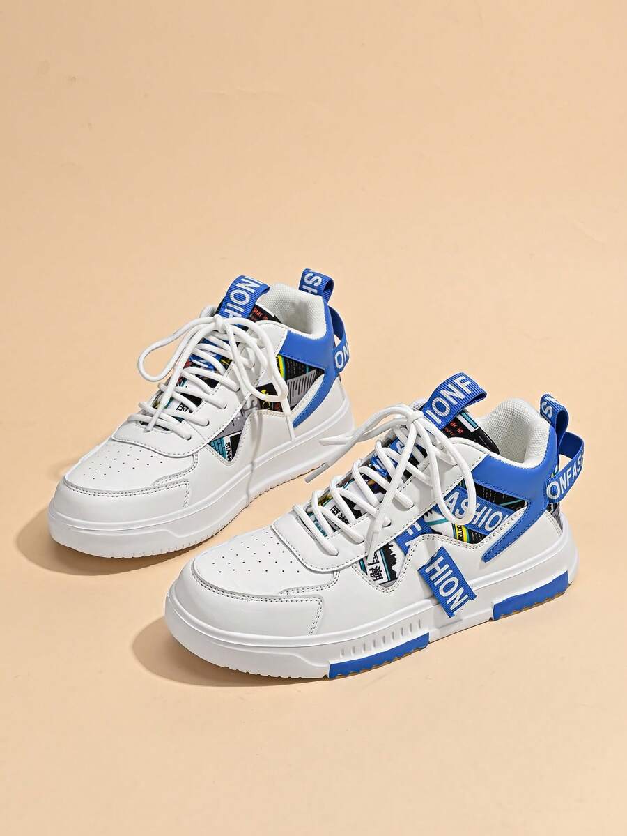 Men's Random Print Pattern Patchwork Atmosphere Ribbon High-Top Sneakers, Fashionable Daily Comfortable Versatile Casual Sports Couple Shoes