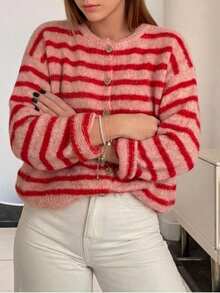 Women's Retro Striped Cardigan, Casual Daily Wear, Suitable For Spring/Autumn/Winter, Girlfriend's Valentine's Day Red Fall - Red - View 1