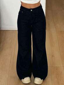Pantalones holgados azules lavados con costuras horizontales tela suave elástica para ocultar volumen y looks urbanos - Azul oscuro - Ver 2