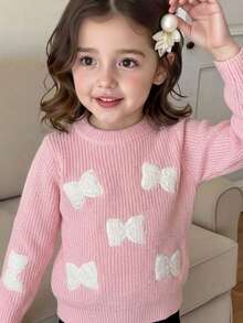 Girls Cute Solid Color Bow Embroidery Long Sleeve Crew Neck Knit Pullover Sweater, Suitable For Casual Daily Wear In Spring, Autumn And Winter - Pink - View 3