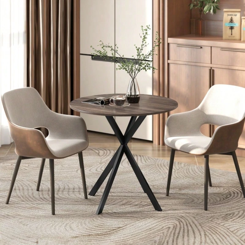 Round Dining Table For 2 People With Wood-Look Top And Cross Steel Base, Brown - Dark Brown - View 1