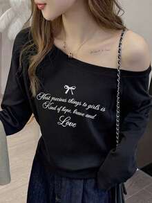 Women's New Long Sleeve T-Shirt For Spring Autumn Winter, Japanese Street Style, Sexy Cold Shoulder, Fashionable Niche Design, Loose Fit, Flattering, Pure Desire Style, Minimalist Versatile, Bowknot Letter Print, Daily Commute, Back To School Season, Off Shoulder, Korean Style Top - White - View 3