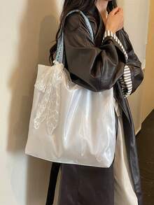 1件女款拼色尼龍肩背托特包，時尚大容量，附星星裝飾，適合購物、度假與旅行 - 白色 - 查看 6