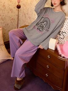 Gongdie 2 Pieces Disney Women's Pajama Set,Fall Gray Striped Soft Cotton Loungewear With Pocket - Grey - View 4