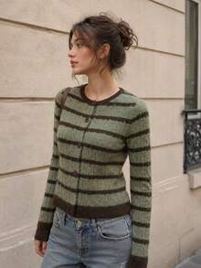 Women's Knit Button Front Long Sleeve Striped Cardigan Vintage Round Neck Fall Winter Sweater Top - Green - View 4