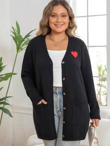 Plus Size Women's Casual Knit Cardigan With Pockets, Heart Pattern And Single-Breasted Buttons - Black - View 1