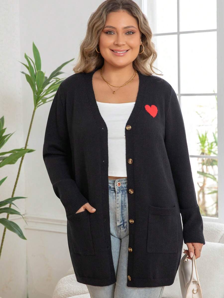 Plus Size Women's Casual Knit Cardigan With Pockets, Heart Pattern And Single-Breasted Buttons - Black - View 1
