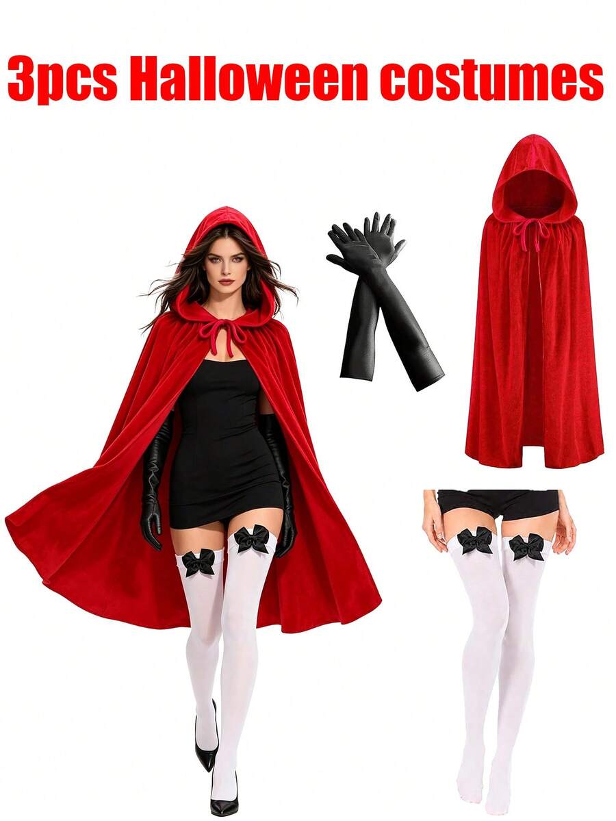 Halloween Little Red Riding Hood, Adult Holiday Costume Props, Velvet Cape + Gloves + Bow Socks. Cosplay - Multicolor - View 1