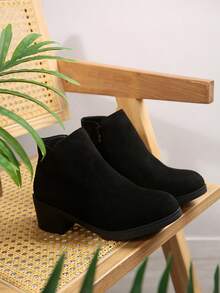 Women's Solid Color Side Zipper Chunky Heel Ankle Boots And Ankle Boots - Black - View 6