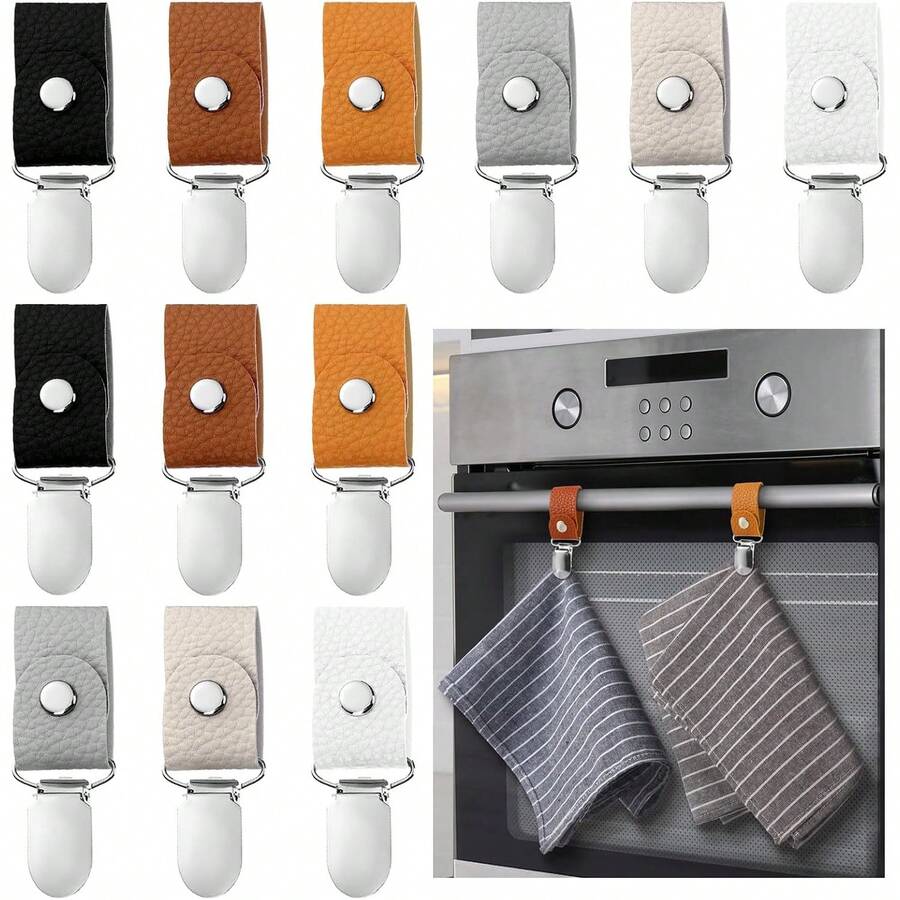 1/3/6/12pcs Leather Towel Clips With Rings For Kitchen Towel Rack, Hanging Utensil Towel Clips, Suitable For Kitchen, Bathroom, Oven Handle, Dishwasher Cabinet, Stove Bar Or Rack, 6 Colors - Multicolor - View 1