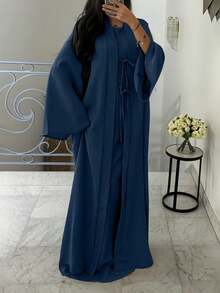 Women's Elegant Middle Eastern Style Sleeveless Robe And Bowknot Long Cardigan Two Pieces Set Eid Spring Fall - Navy Blue - View 1