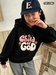 Girls Letter Floral Print Hoodie Casual Long Sleeve Loose Pullover Sweatshirt - Black - View 11