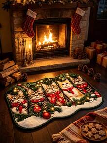1pc Dark Green 3 Christmas Cats Wavy Edge Irregular Shaped Rug, Christmas Style, Christmas, Doormat, Small Rug, Welcome Mat, Carpet, Floor Mat, Outdoor Doormat, Kitchen Rug, Front Door Mat, Area Rug, Outdoor Mat, Home Decor, Area Carpet, Garden Rug, Washable Rug - Multicolor - View 4
