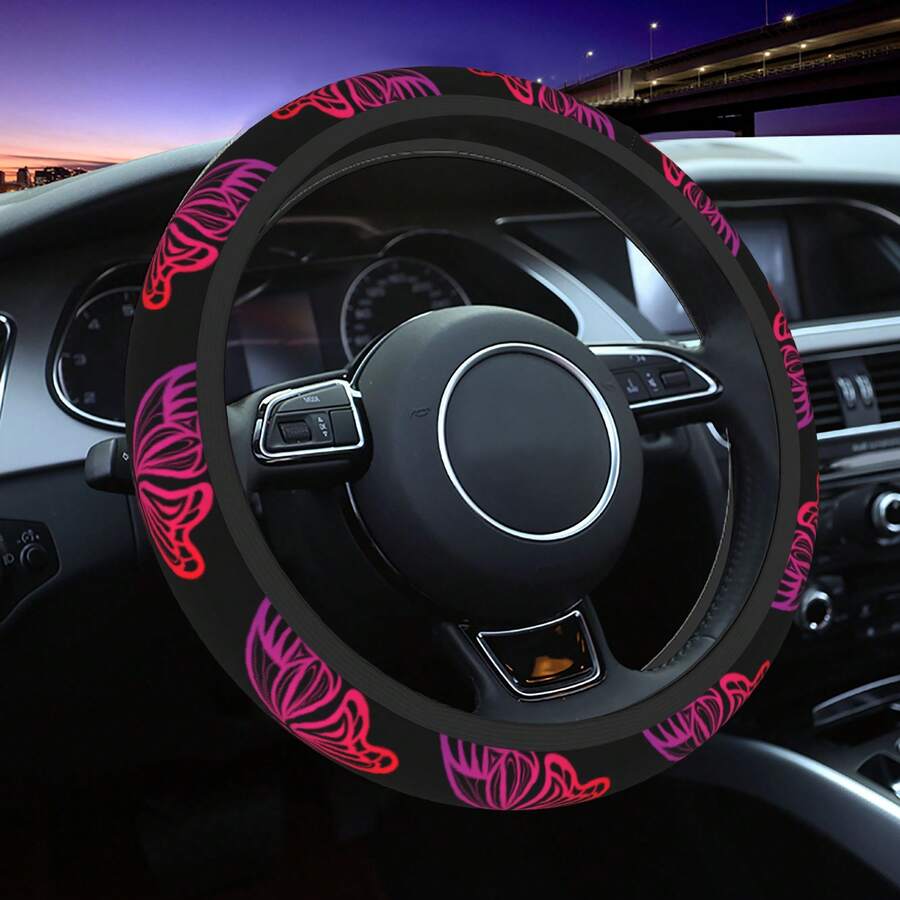 1pc Car Steering Wheel Cover, Hollow Butterfly Pattern, Printed Craft, Polyester Fiber Material, Traditional Art Design, Waterproof, No Inner Ring, Car Interior Steering Wheel Cover Protector, All Season - Steering Wheel Cover - View 1