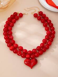 OABE 2pcs/Set Bohemian Style Red Beaded Necklace With Red Heart Pendant, Women's Layered Necklace Set, Suitable For Daily Wear, Holiday/Anniversary Surprise Gift - Red - View 5