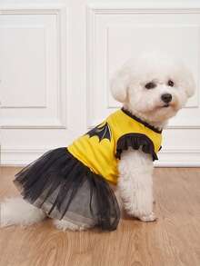 LUCKIE PAW 1pc Spider Bat Pattern Flutter Sleeve Cute Princess Style Tulle Dress Suitable For Chihuahua Small Dogs Wedding Season Pet Clothes For Cats And Dogs Indoor And Outdoor - Multicolor - View 3