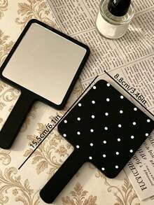1 Black And White Polka Dot Handheld Makeup Mirror, Square High-Definition Makeup Mirror With Handle, Portable Vanity Mirror, Suitable For Daily Makeup And Travel - Multicolor - View 8