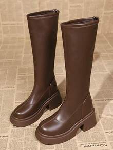 Autumn/Winter New Thick Sole Chunky Leg Tall Boots Elastic Non-Slip Shaft - Brown - View 6