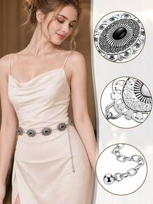 Retro Carved Alloy Waist & Pant Chain Set, Oval Floral Inlaid Gem Ornament, Adjustable Unisex All‑Match Waist Chain For All Seasons - Silver - View 6