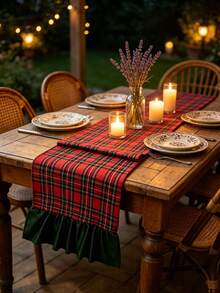 1pc Vintage Plaid Rectangular Table Runner With Ruffle Hem, Holiday Table Decor, Suitable For Christmas Party And Family Gathering - Red - View 4