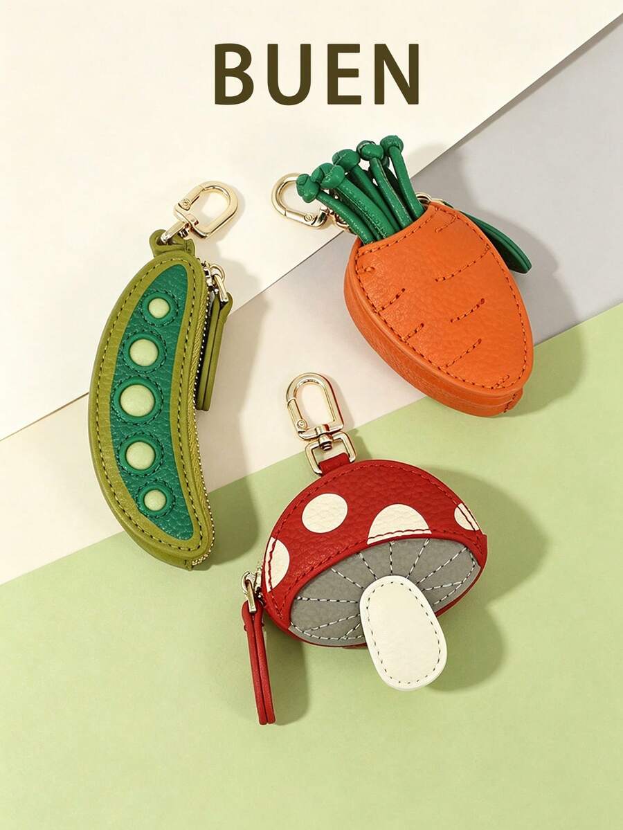Cute Cartoon Pea Mushroom Carrot Shaped Coin Purse Pendant, Fun Mini Bag Charm, 1pc Green Orange Red PU Leather Keychain Storage Bag
