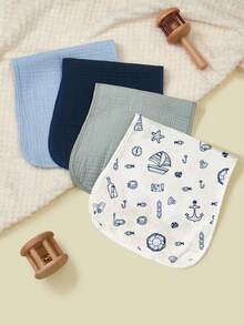 4pcs Plain Weave Burp Cloths For Boys And Girls, Cartoon Print & Solid ...