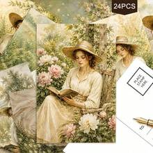 24pcs + 1 Red Envelope Elegant Pastoral Style Holiday Postcards, Woman Reading In Garden, Text "Reading Is A Journey", Suitable For Friends, Spring Festival, Vintage Oil Painting Style - Sets - View 7
