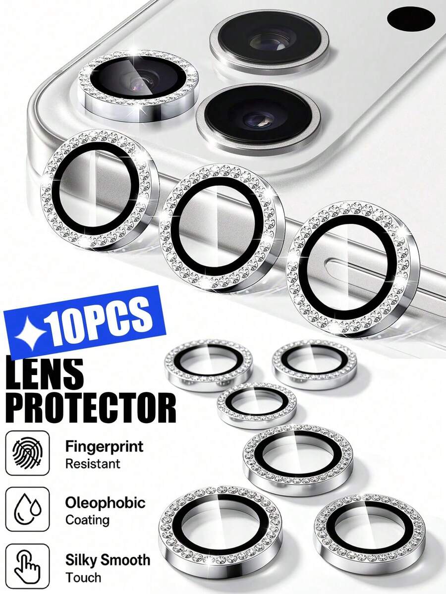 10pcs [Silver Style Lens Protector Ring] Sparkling Rhinestone Lens Protector Ring, High Hardness Glass Protective Film, Daily Use Anti-Collision And Scratch, Waterproof And Splash-Proof, No Loss Of Image Quality, Full Lens Coverage Design, No Edge Bumping, Precise Alignment. Compatible With IPhone UItra/18promax/18pro/18/17E/17 Promax/16 Promax/15 Promax/14 Promax/13 Promax/12 Promax/11 Promax/17 Pro/16 Pro/15/14/13/12/11 And Other Series.