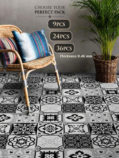 SUPSTICKER 9/24/36 pièces Autocollants de carrelage en céramique imprimés marocains noir blanc gris imperméables et résistants à l'usure 7,87x7,87 pouces