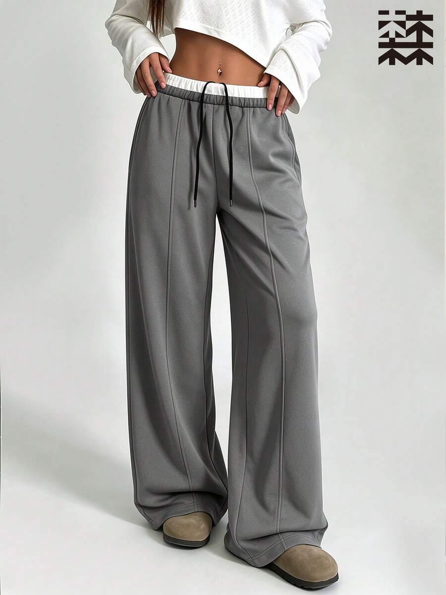 mulinsen 1pc Women's Solid Color Drawstring Casual Pants, Suitable For Airport, Travel, Daily, Sports, Vacation, Date, Summer - Dark Grey - View 1