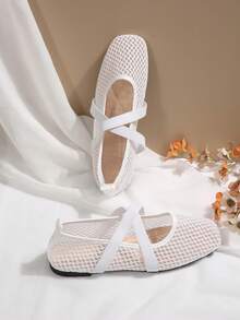 Women's White Square Toe Hollow Mesh Mary Jane Shoes, Low Vamp Breathable Cross Strap Gentle Style Flat Ballet Shoes - White - View 7