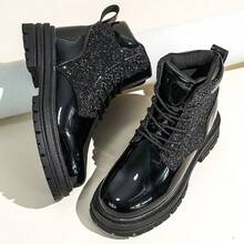 Fashion Sequin Patchwork Thick Sole Lace-Up Short Boots, Women's Party Street Style Ankle Boots - Black - View 1