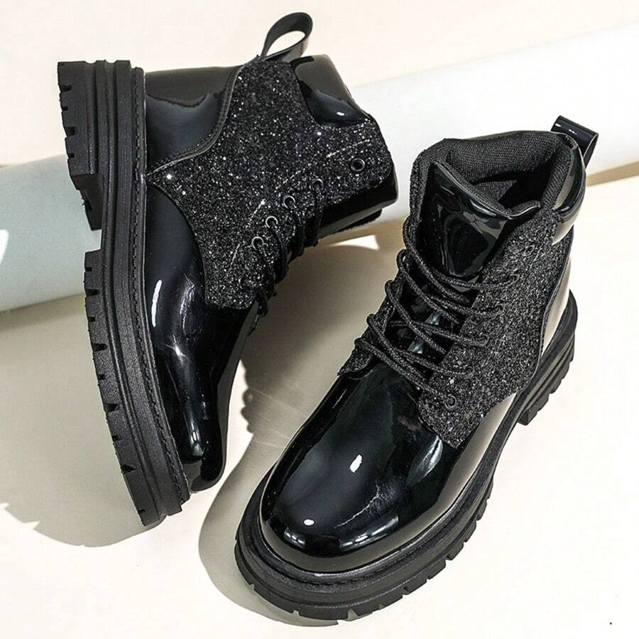 Fashion Sequin Patchwork Thick Sole Lace-Up Short Boots, Women's Party Street Style Ankle Boots - Black - View 1