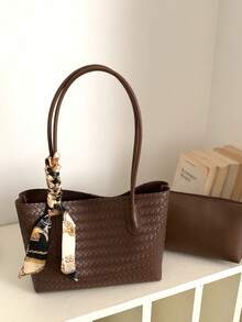 Women Woven Tote Bag Set, Large Capacity Shoulder Bag With Small Pouch & Decorative Silk Scarf, Handbag For Daily Work - Brown - View 7