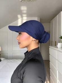 1pc Women's Baseball Cap Brim Triangle Headscarf, Instant Classic Basic Solid Color Hijab, Multiple Wearing Styles, Adjustable For Any Look, Multi-Purpose Practical Sun Protection Elastic Brim Triangle Headscarf Turban, Modal Fabric Comfortable Soft Skin-Friendly, Suitable For Daily Wear, Sports, Yoga - Navy Blue - View 2