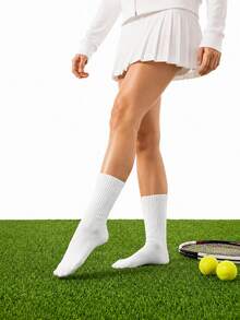 5 Pairs Random Women Solid Vertical Rib Crew Tennis Slouch Socks, MultiColor Ribbed Texture, High Stretch Cushion Wear‑Resistant Washable Ins American - Multicolor - View 6