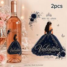 2/4/8pcs Customized Wine Bottle Label Stickers, Personalized Name & Date, Princess Dress Floral Butterfly Pattern, Sweet 15 15th Birthday Party Favor Table Decor - Multicolor - View 17