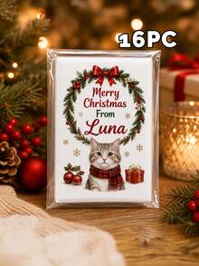 8/16/25pc Personalized Custom Pet Photo Text Christmas Pocket Tissue Sticker,Custom Dog Cat Picture Custom Slogan Name Print,Pet Santa Hat Scarf Xmas Pattern Design Sticker,Holiday Gift,Pet Owners Animal Lovers,Holiday Party,Home Dining Outdoor Daily - Multicolor - View 10