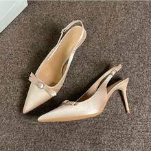 Women's Satin Pointed Toe Slingback Stiletto High Heels, Bow & Rhinestone Decor Backless Pumps, Elegant Party Wedding Shoes - Champagne - View 11