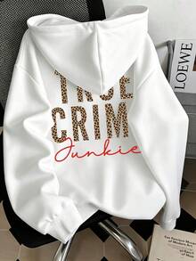 "TRUE CRIME" Leopard Print Letter Hoodie For Women, Loose Fit Autumn Jacket, Suitable For Casual & Sports Wear - White - View 1