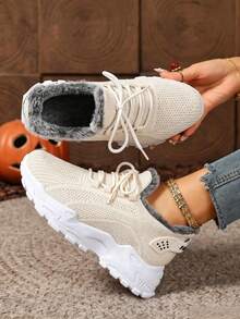 FZY Women's Plush-Lined Knit Platform Sneakers, Warm Winter Lace-Up Platform Shoes, Comfortable Non-Slip Casual Outdoor Daily Shoes, Perfect For Halloween - Apricot - View 4