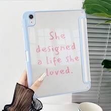 1件淺藍色與米色條紋「She Designed The Life She Loved」字母印花平板保護殼，附筆槽，多角度磁吸支架，支援自動休眠/喚醒，適用於 iPad PRO/AIR、Pad 5/6/7、MatePad - 彩色 - 查看 6