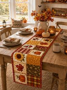 1pc Country Harvest Theme Table Runner, Maple Leaf, Sunflower And Pumpkin Patchwork Plaid Print, Suitable For Farmhouse Style Thanksgiving Autumn Decor, Applicable For Patio Dining And Holiday Parties - Burnt Orange - View 2