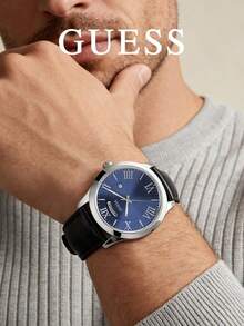 GUESS Men's Business Blue Dial Quartz Watch With Roman Numeral Day Date Display, Crocodile Embossed Black Leather Strap, Minimalist Commuter Wristwatch, Gift - Black - View 3