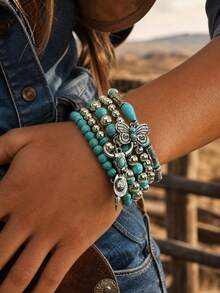 5pcs/Set Western Cowboy Style Butterfly Hat Bull Cactus Pendant Turquoise Beaded Multi-Layer Bracelet Fashion Personalized Women's Hand Jewelry Suitable For Daily Wear And Shopping Party - Multicolor - View 2