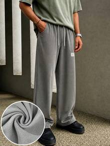 男士抽繩直筒休閒褲 小標誌裝飾 寬鬆垂墜闊腿長褲 春秋百搭運動褲 - 深灰色 - 查看 1