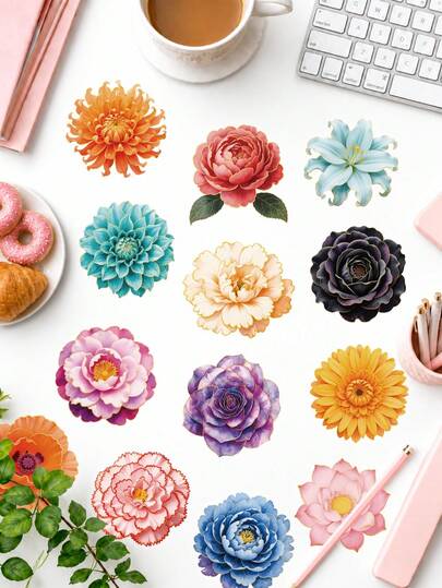 56Pcs Vintage Botanical Floral Stickers, Rose Peony Dahlia Mixed Flower PET Decals, Nature Aesthetic Scrapbook Stickers For Water Bottle, Laptop & Plant Lovers Decor