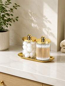 1/2pcs Transparent Bathroom Storage Jars With Lids And Black Tray, Cotton Swab & Dental Floss Holder, Suitable For Vanity Countertop - Multicolor - View 9